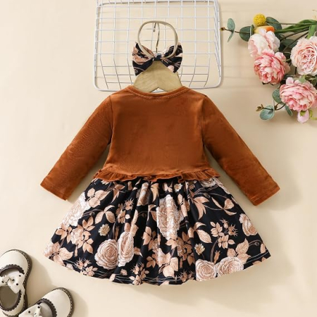 Set crem Fetițe 2 Piese, Rochie Florală și Cardigan din Catifea, Mâneci Lungi, 9-12 luni [2]