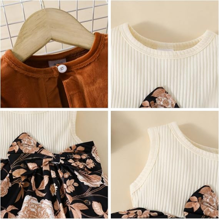 Set crem Fetițe 2 Piese, Rochie Florală și Cardigan din Catifea, Mâneci Lungi, 9-12 luni [4]