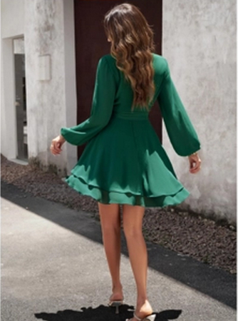 Rochie eleganta lunga deasupra la genunchi, cu mâneci lungi, Verde M [1]
