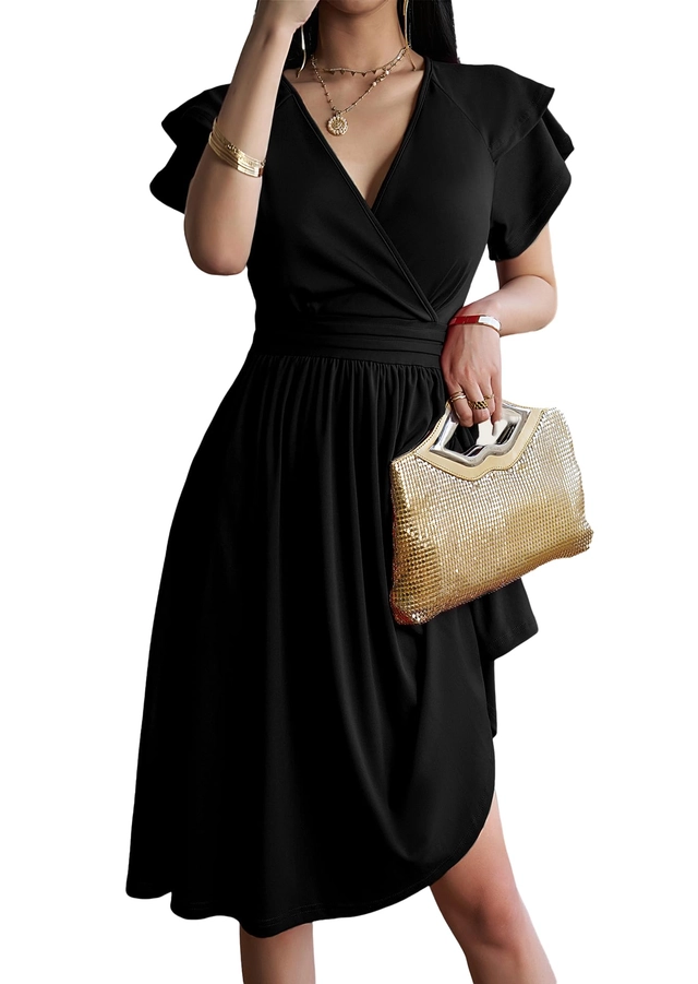 ROCHII - Rochie eleganta lunga peste genunchi, cu mâneci scurte, Negru M