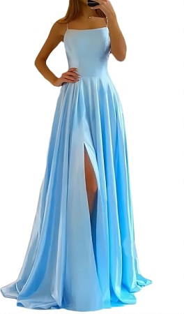 ROCHII - Rochie eleganta lunga din satin, fara maneci, talie inalta, albastru deschis S