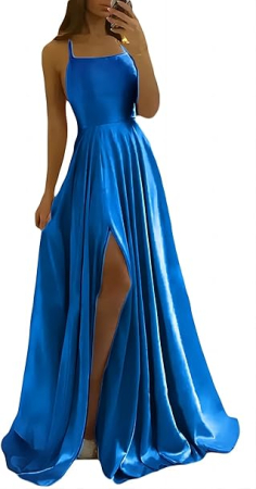 ROCHII - Rochie eleganta lunga din satin, fara maneci, talie inalta, albastru L