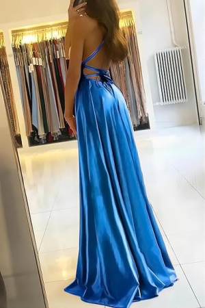 Rochie eleganta lunga din satin, fara maneci, talie inalta, albastru L [2]