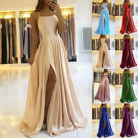 Rochie eleganta lunga din satin, fara maneci, talie inalta, albastru deschis S [3]