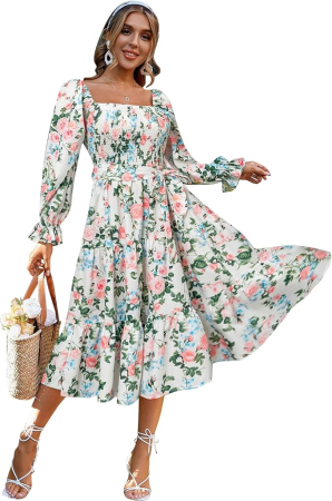 ROCHII - Rochie eleganta lunga pana la genunchi, mâneci lungi, Alb floral L