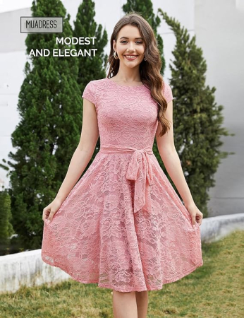 Rochie eleganta lunga pana la genunchi, mâneci scurte, Roz L [1]