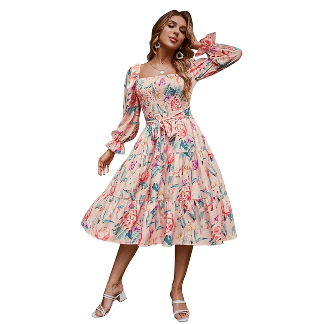 ROCHII - Rochie eleganta lunga pana la genunchi, mâneci lungi, crem floral M
