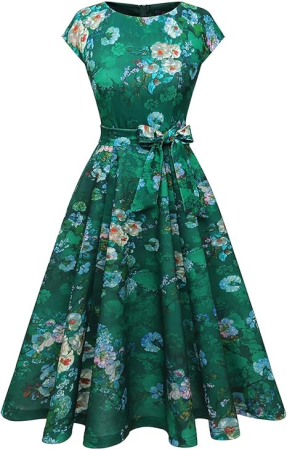 Rochie eleganta lunga pana la genunchi, mâneci scurte, verde floral XL [1]