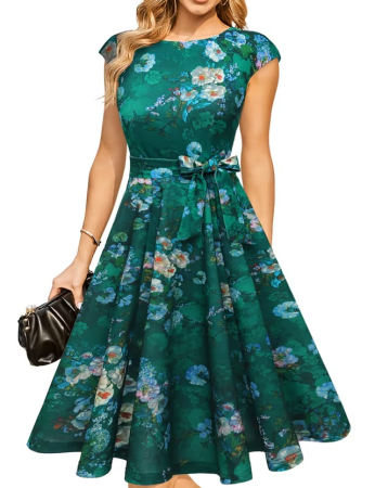 ROCHII - Rochie eleganta lunga pana la genunchi, mâneci scurte, verde floral XL