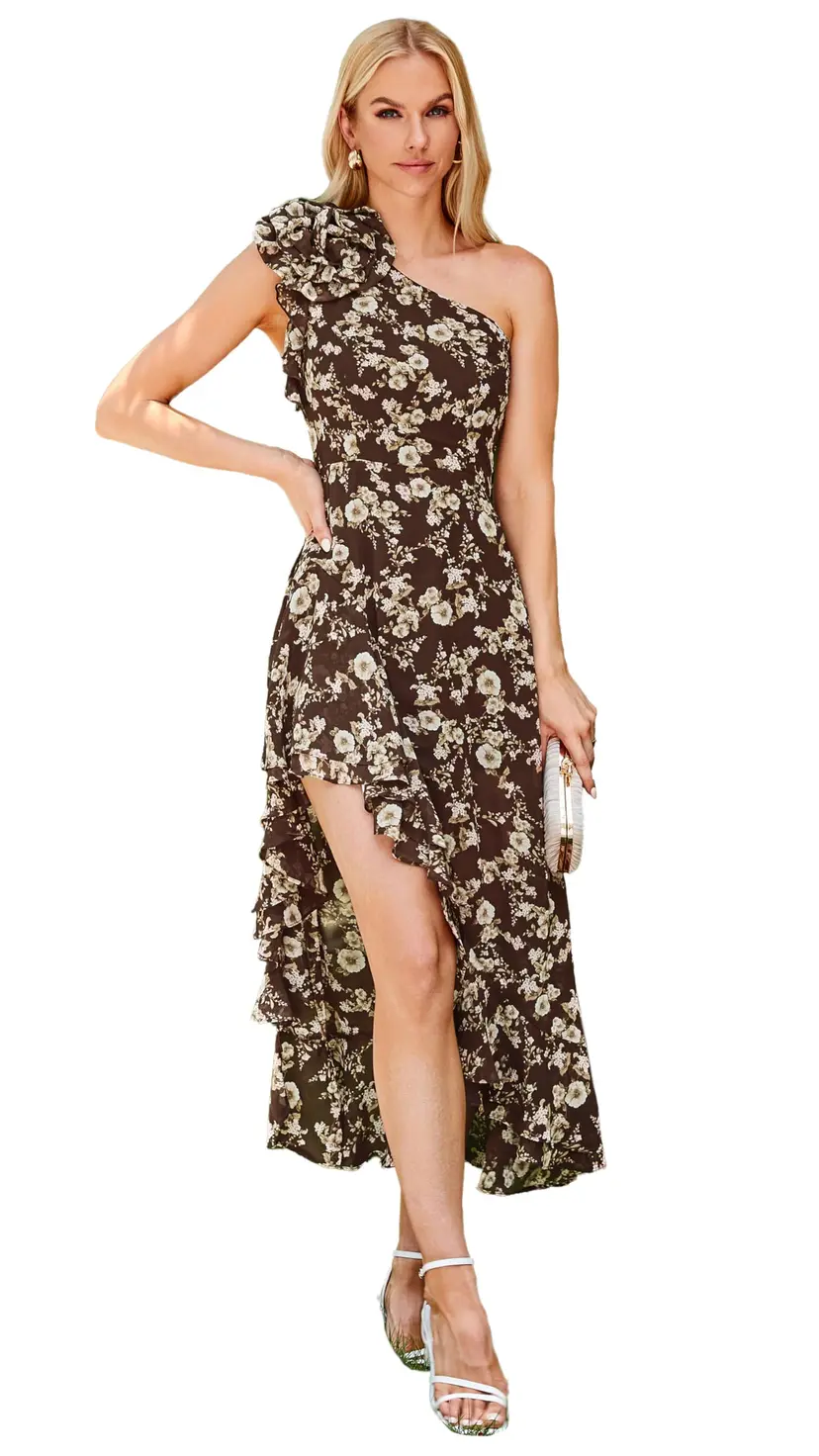 ROCHII - Rochie eleganta lunga, pe un umar, cu fante, fără mâneci, L 44, flori pe maro