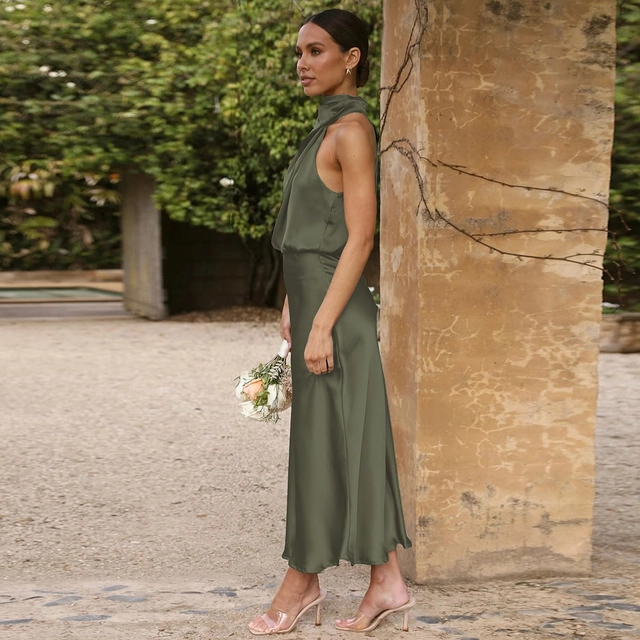 Rochie eleganta lunga peste genunchi, fara mâneci, Verde militar S [3]