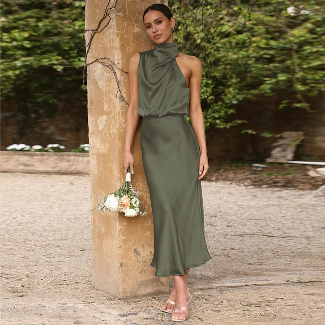 Rochie eleganta lunga peste genunchi, fara mâneci, Verde militar S [2]