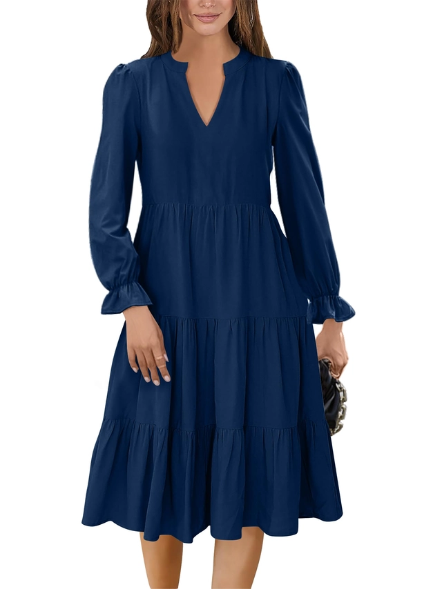 ROCHII - Rochie casual lunga peste genunchi, cu mâneci lungi, Albastra L