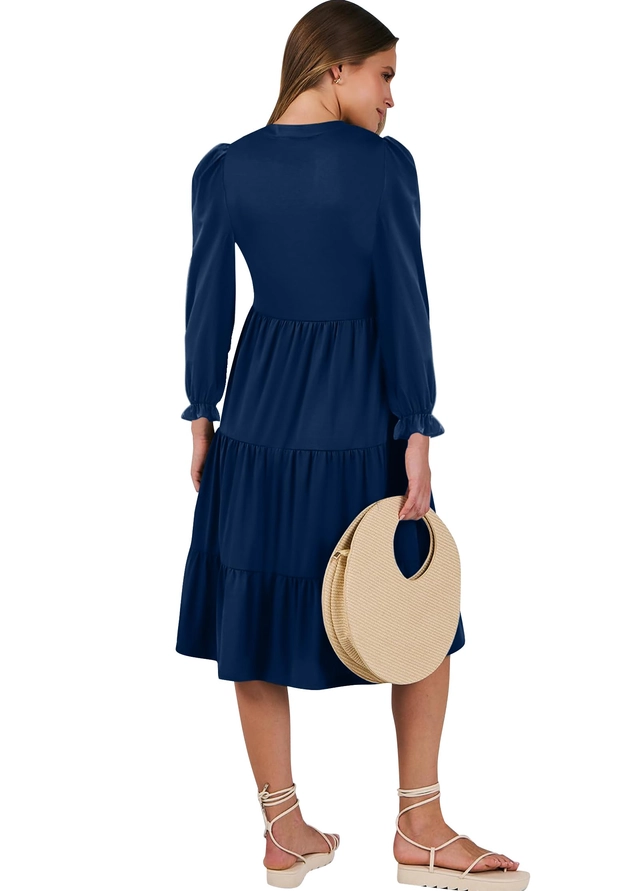 Rochie casual lunga peste genunchi, cu mâneci lungi, Albastra L [3]