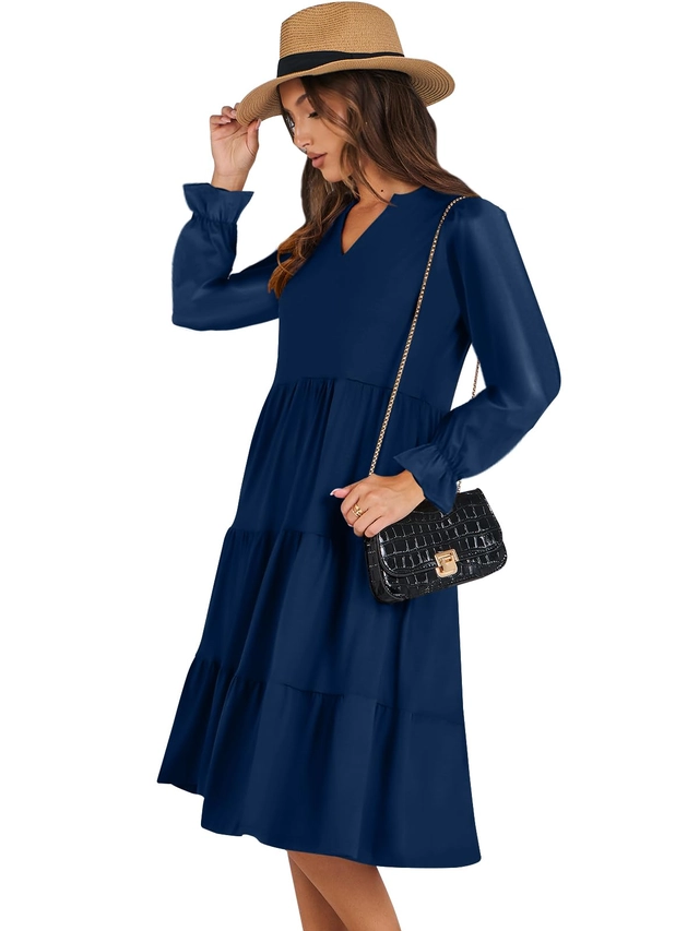 Rochie casual lunga peste genunchi, cu mâneci lungi, Albastra L [2]