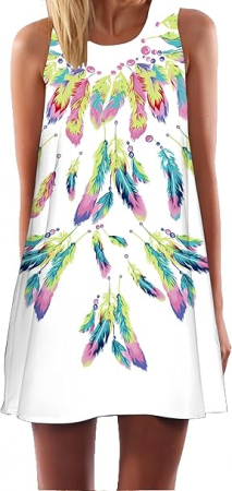 IMBRACAMINTE - Rochie scurta vaporoasa de plaja, fara maneci, alba cu pene multicolore, 2XL 42-44 EU