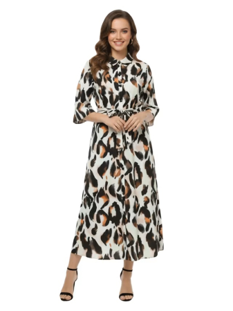 ROCHII - Rochie Tip Camasa pentru Femei Plus Size, cu Imprimeu Leopard, Cordon in Talie, Maneci 3/4, 2XL