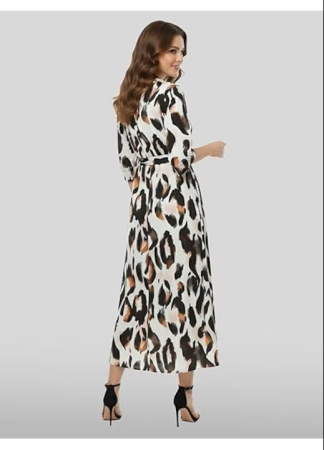 Rochie Tip Camasa pentru Femei Plus Size, cu Imprimeu Leopard, Cordon in Talie, Maneci 3/4, 2XL [3]