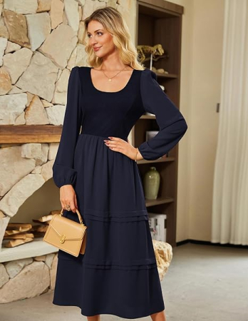 Rochie casual, peste genunchi, mâneci lungi, albastra M [2]