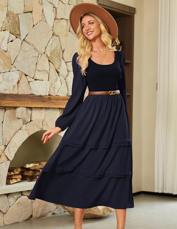 Rochie casual, peste genunchi, mâneci lungi, albastra M [3]