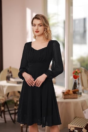 Rochie eleganta, peste genunchi, mâneci lungi, neagra, dantela S [4]