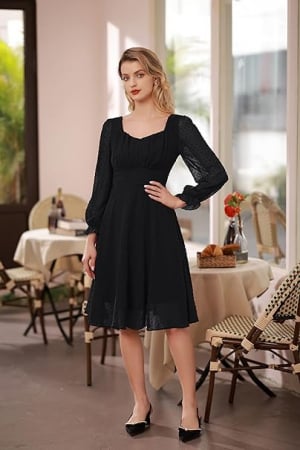 Rochie eleganta, peste genunchi, mâneci lungi, neagra, dantela S [1]