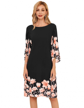 ROCHII - Rochie elegantapeste genunchi, mulata pe corp, mâneci 3/4, Negru cu flori roz L