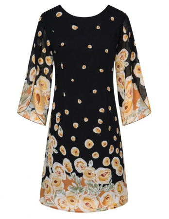 ROCHII - Rochie elegantapeste genunchi, mulata pe corp, mâneci 3/4, Negru cu flori galbene L