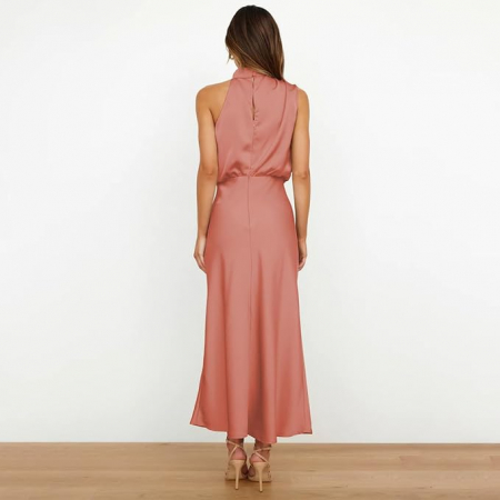Rochie lunga eleganta din satin, fara maneci, crem piersica, marimea S [5]