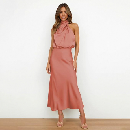 Rochie lunga eleganta din satin, fara maneci, crem piersica, marimea S [3]