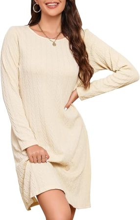 ROCHII - Rochie crem casual tricotata pentru femei, mâneci lungi, M