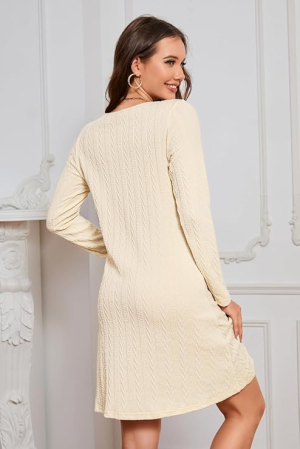 Rochie crem casual tricotata pentru femei, mâneci lungi, M [3]