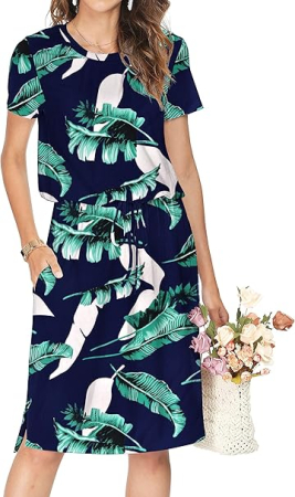 ROCHII - Rochie neagra casual peste genunchi, vaporoasa, de zi cu zi, maneci 3/4, albastra cu flori, S