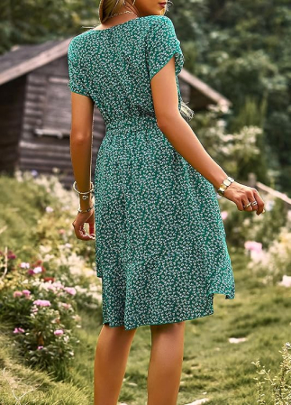 Rochie casual peste genunchi, vaporoasa, de zi cu zi, maneci scurte, decolteu rotund, verde XL [4]