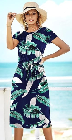 Rochie neagra casual peste genunchi, vaporoasa, de zi cu zi, maneci 3/4, albastra cu flori, S [2]