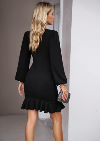 Rochie neagra Cocktail Damă A-Line, Asimetrică High-Low, Talie Accentuată, Elegantă, L [5]