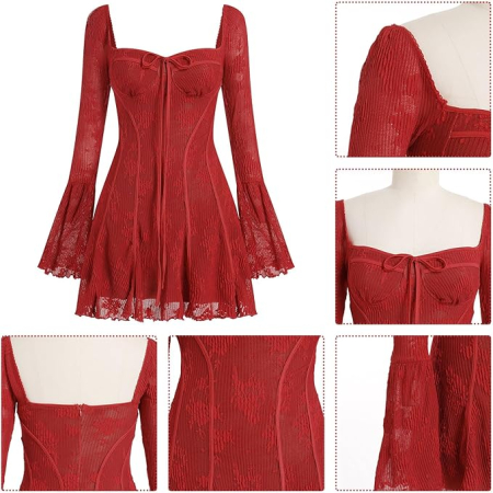 Rochie casual scurta pe corp, cu decolteu patrat, rosie M [4]