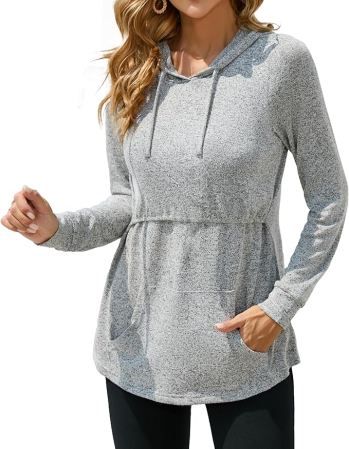 Bluze dama - Bluza gri lejera pentru femei, cu buzunar si gluga, XL