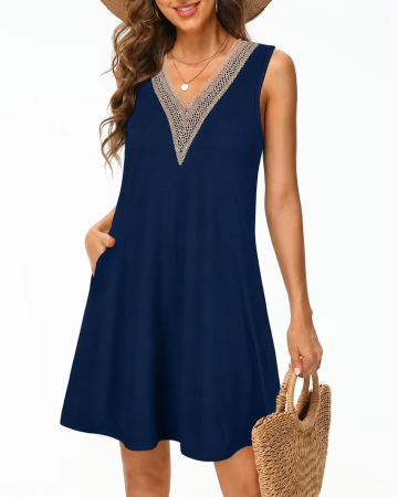 ROCHII - Rochie albastra casual deasupra la genunchi, vaporoasa, fara maneci 3XL