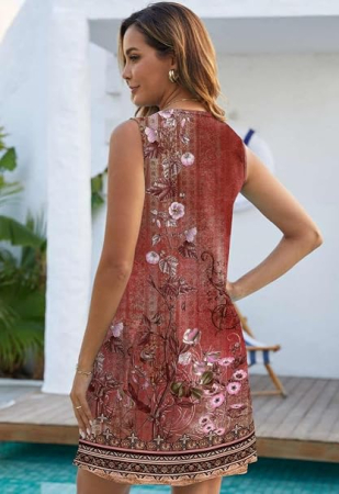 Rochie de Vară rosie Damă Joligiao, Decolteu în V, Fără Mâneci, cu Buzunare, S [3]