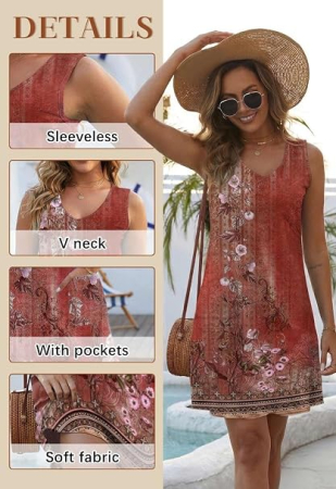 Rochie de Vară rosie Damă Joligiao, Decolteu în V, Fără Mâneci, cu Buzunare, S [4]