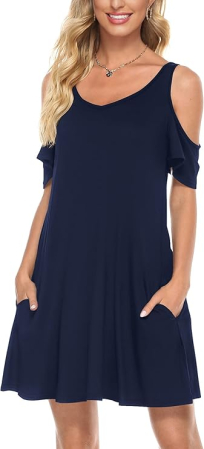 ROCHII - Rochie albastra casual lejera, umerii goi, buzunare, S