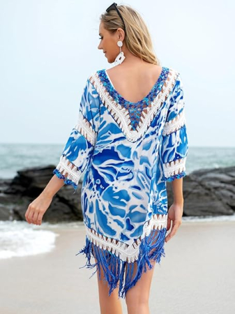 Rochie scurta de plaja, poncho dantelat cu model rustic, marime universala, albastra [5]