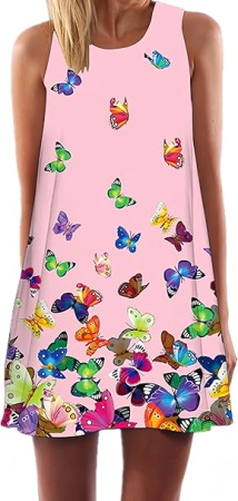 ROCHII - Rochie scurta vaporoasa de plaja, fara maneci, roz cu fluturi, S 34-36 EU