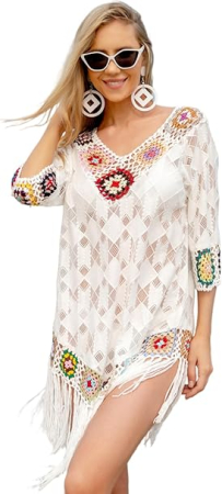 ROCHII - Rochie scurta de plaja, poncho dantelat cu model rustic, marime universala