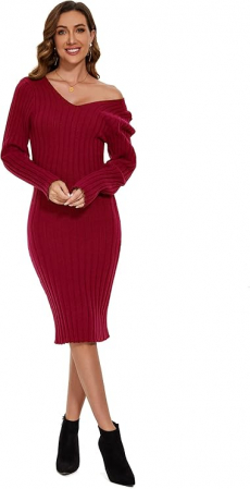 ROCHII - Rochie tricotata elastica, mulata, scurta, cu maneci lungi, visinie, S