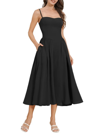 ROCHII - Rochie neagra Midi cu Bretele, Decolteu Pătrat, Talie Înaltă, Buzunare, Fermoar la Spate, Stil Vintage, M