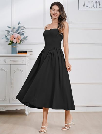 Rochie neagra Midi cu Bretele, Decolteu Pătrat, Talie Înaltă, Buzunare, Fermoar la Spate, Stil Vintage, M [6]