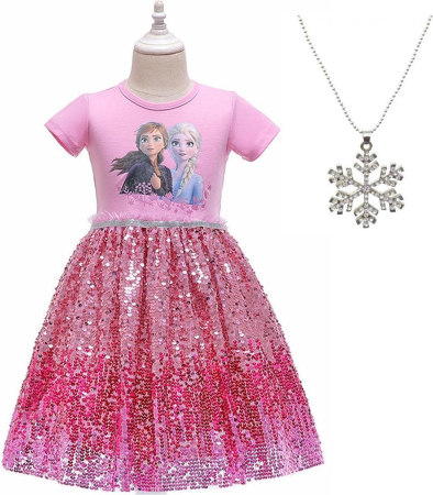Rochii fete - Rochita Fete Elsa Frozen, Strălucitoare, Mâneci Scurte, pentru Vară, 7 ani, 120 cm