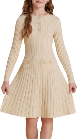 Rochii fete - Rochita crem casual medie, tricot croi A pentru fete 8 ani